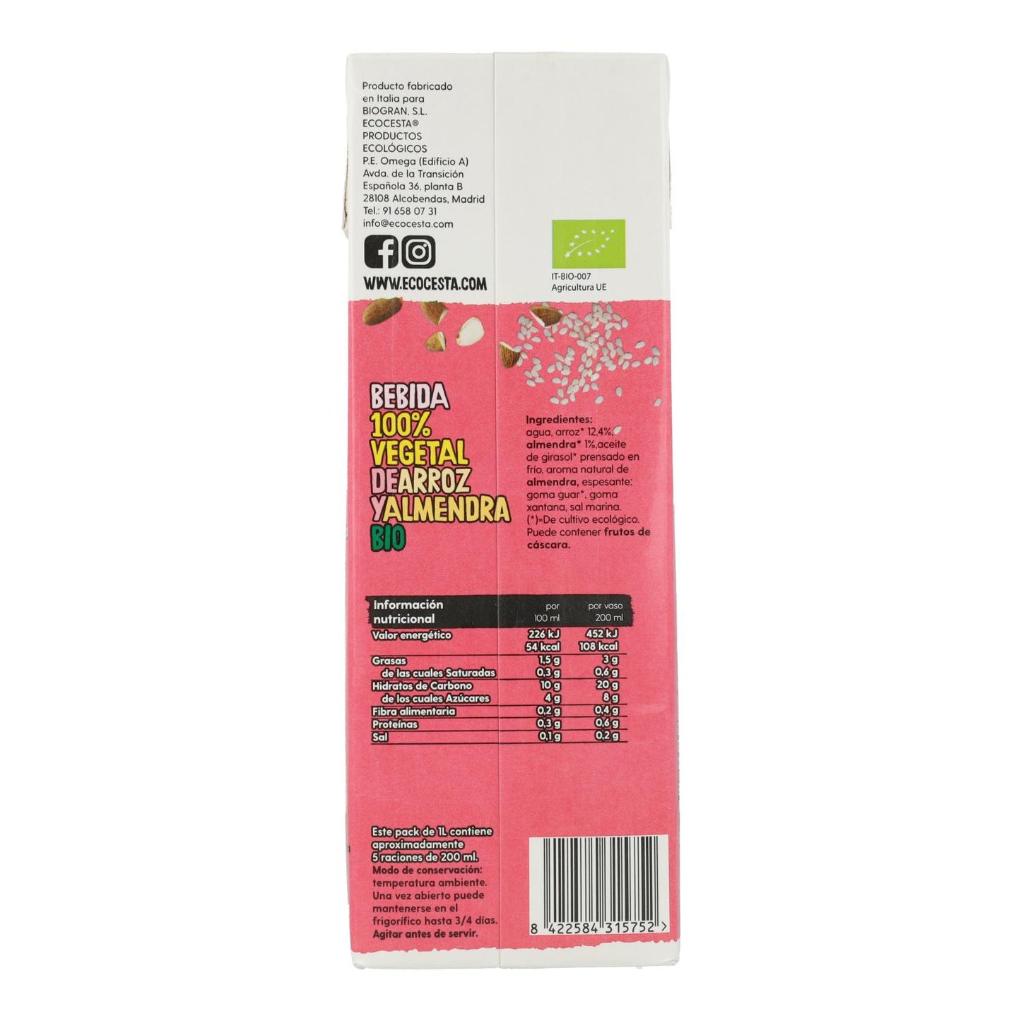 Bebida Vegetal de Arroz e Amêndoa Biológica, 1L Ecocesta
