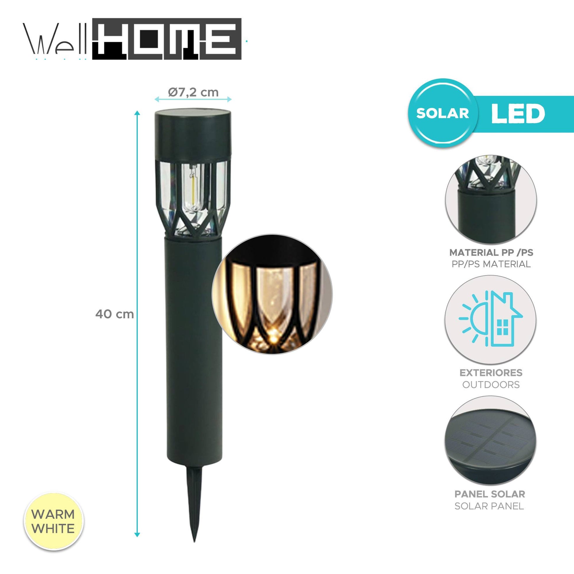 Well Home Farol Solar Para Jardín Con Led Blanco Cálido Y Panel Solar Ø7,2x40cm_1