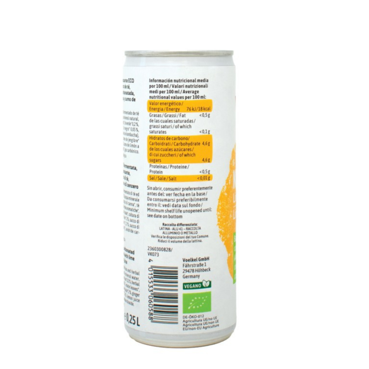 Kombucha de limão e gengibre Voelkel biológico, lata de 250 ml