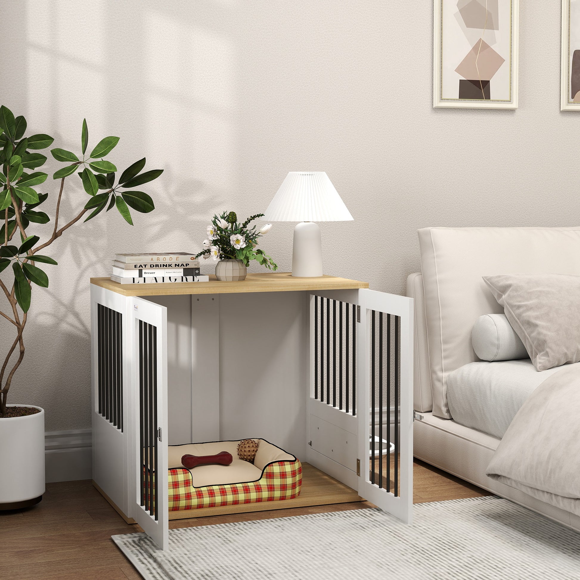 Pawhut Jaula Para Perros Medianos Con Puertas Comedero Giratorio De 360° Blanco_4