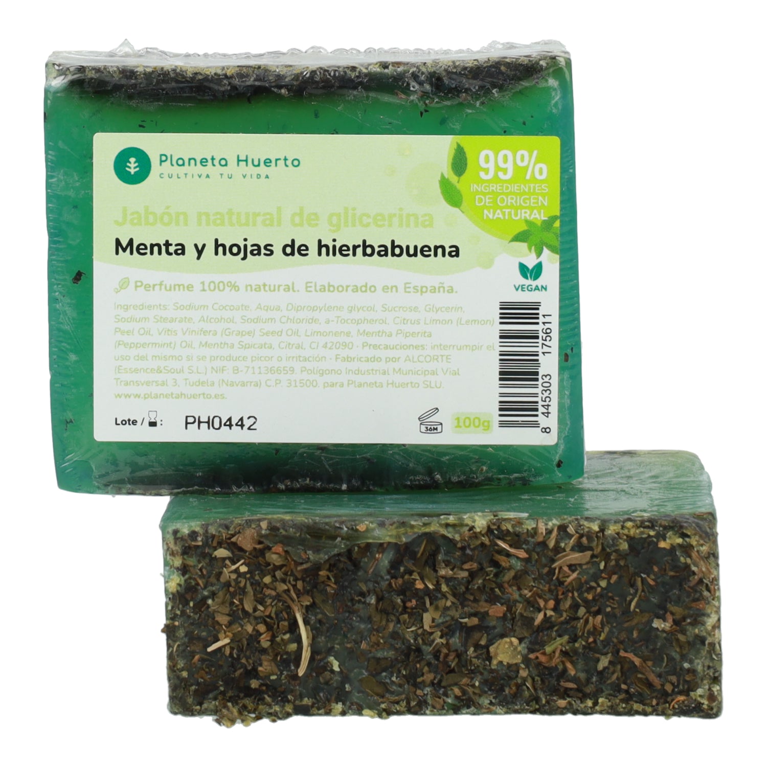 Sabonete natural de glicerina com folhas de hortelã e hortelã, Planeta Huerto, 100 g