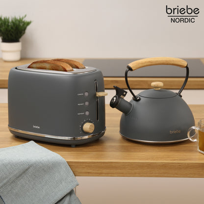 Briebe Nordic Set Tostadora Pan Ranura Ancha 2 Rebanadas + Tetera 2,3l Acero Inox, Inducción Libre Bpa, Skt1177gry, Gris_1