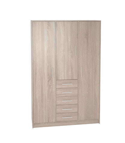 Armario 3 Puertas Abatibles 5 Cajones Acabado Roble, 200 Cm(alto)130 Cm(ancho)50 Cm(fondo)_0