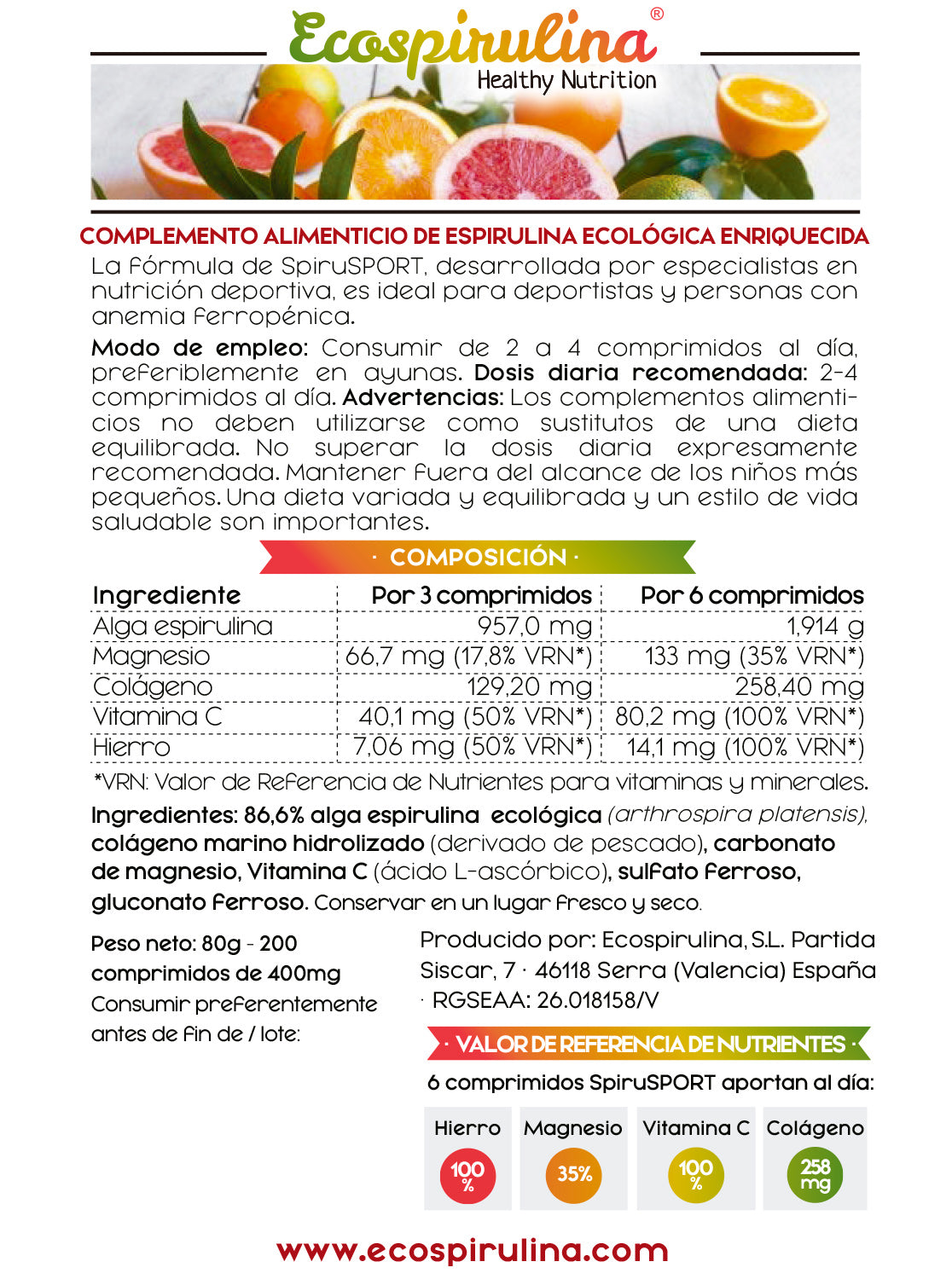 Spirusport Espirulina Ecológica Con Colágeno Marino Y Magnesio Ecospirulina 200 Comprimidos_1