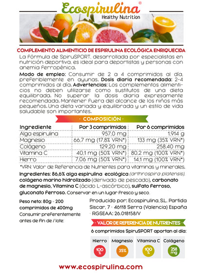 Spirusport Espirulina Ecológica Con Colágeno Marino Y Magnesio Ecospirulina 200 Comprimidos_1