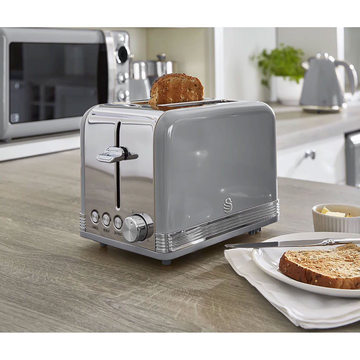 Swan Retro Set Desayuno Hervidor De Agua 1,8 L Inalámbrico, Tostadora 2 Rebanadas Anchas, Vintage, Stp7050grneu, Gris_1