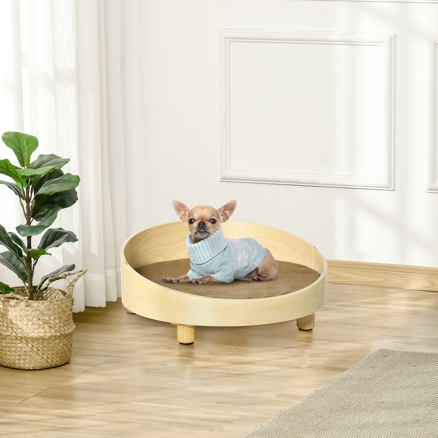 Pawhut Cama De Madera Para Perros Con Cojín Acolchado Patas Elevadas Ø59x23,5 Cm_1