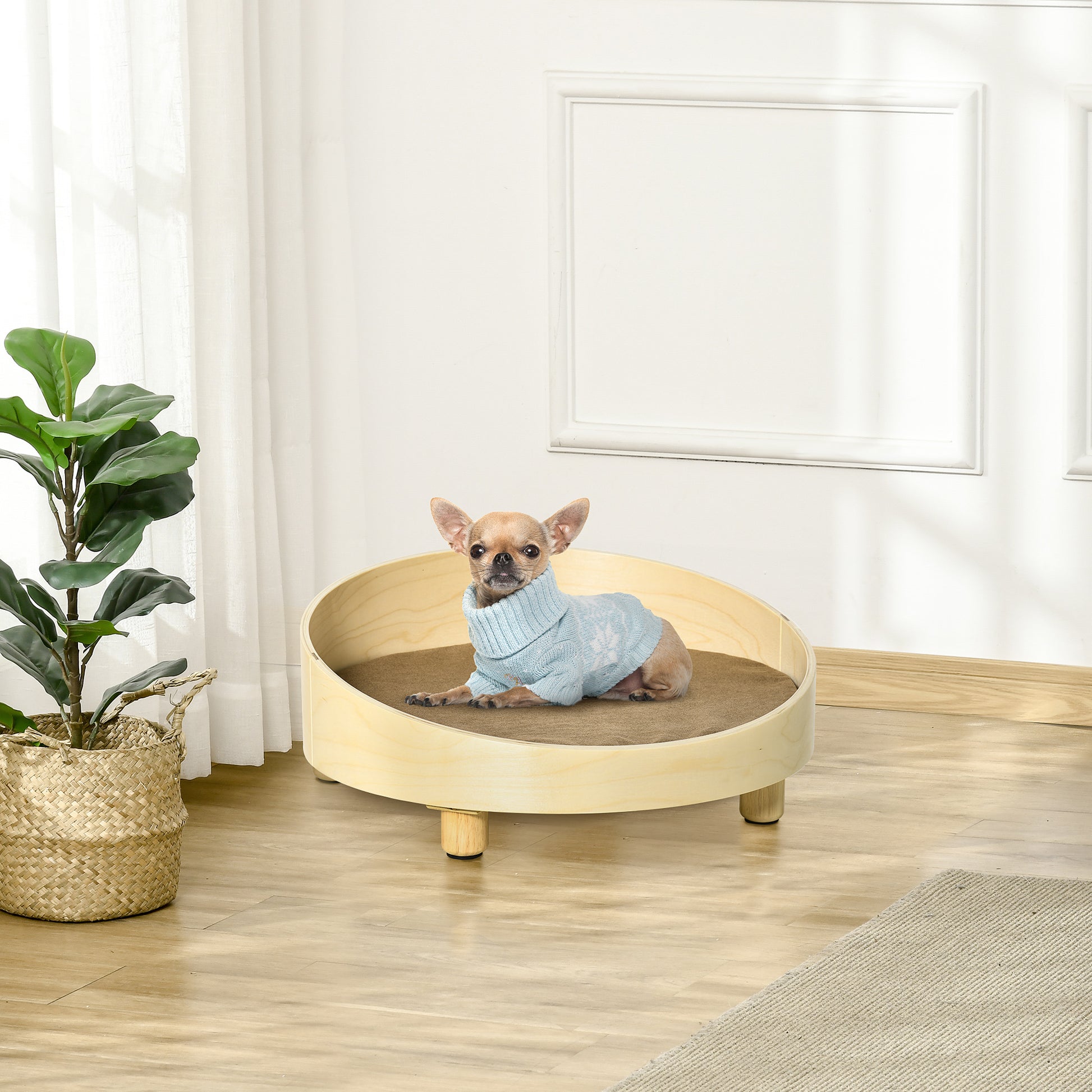 Pawhut Cama De Madera Para Perros Con Cojín Acolchado Patas Elevadas Ø59x23,5 Cm_1