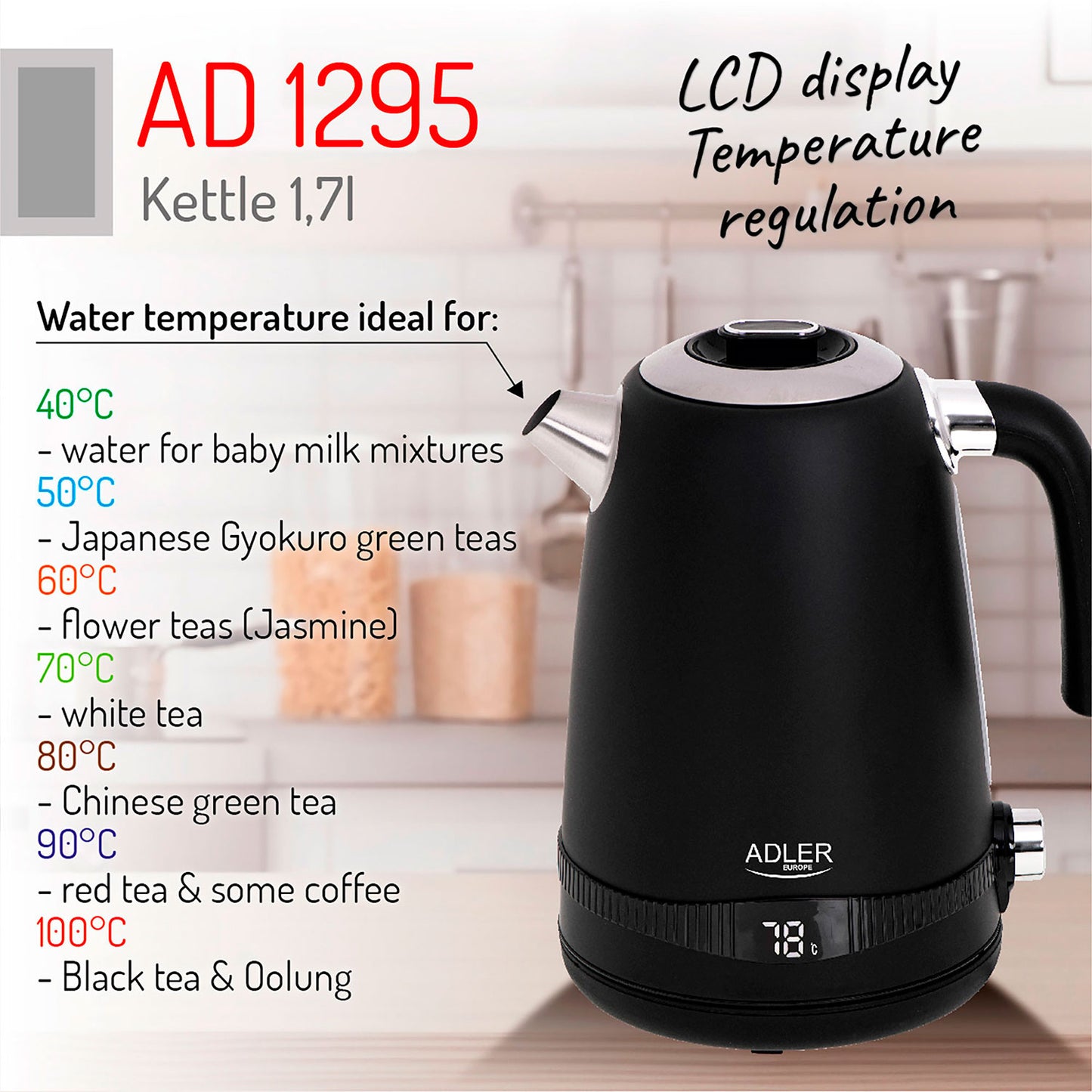 Hervidor Agua Eléctrico, Capacidad 1,7l, Sin Bpa, Control Temperatura, Acero Inox, Inalámbrico Adler Ad1295b, 2200w_4