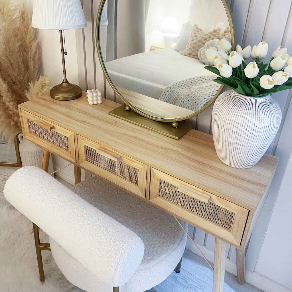 Mesa Consola Madera Pino Maciza Ratán Natural 105x30x75 Cm_1