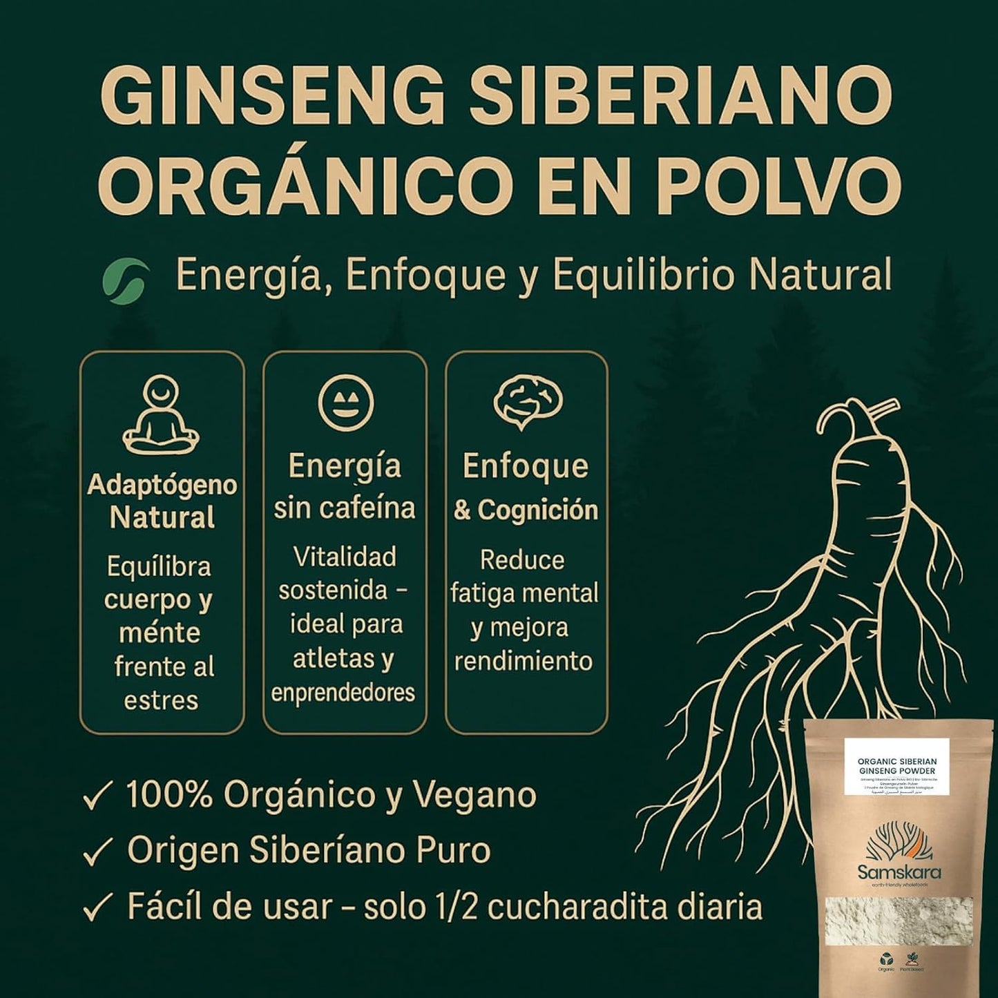 Ginseng Siberiano En Polvo Bio - 100g | Superalimento Ecológico Vegano Para Batidos, Smoothies Y Zumos_5