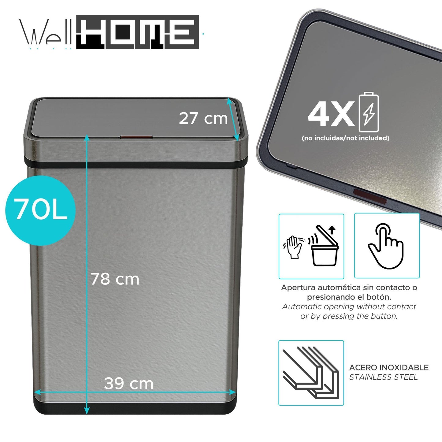 Cubo Basura 70l Metálico Acero Con Sensor Y Filtro Antiolor Wellhome_1