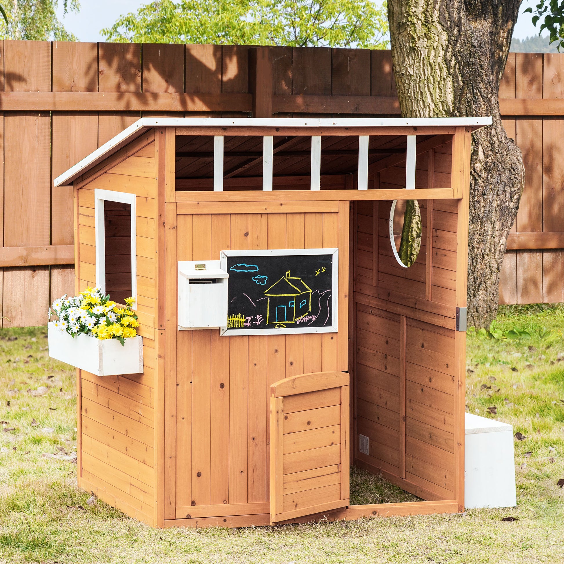 Outsunny Casa Infantil De Madera Con Banco Pizarra Y Macetero 122x108x135,5 Cm_1