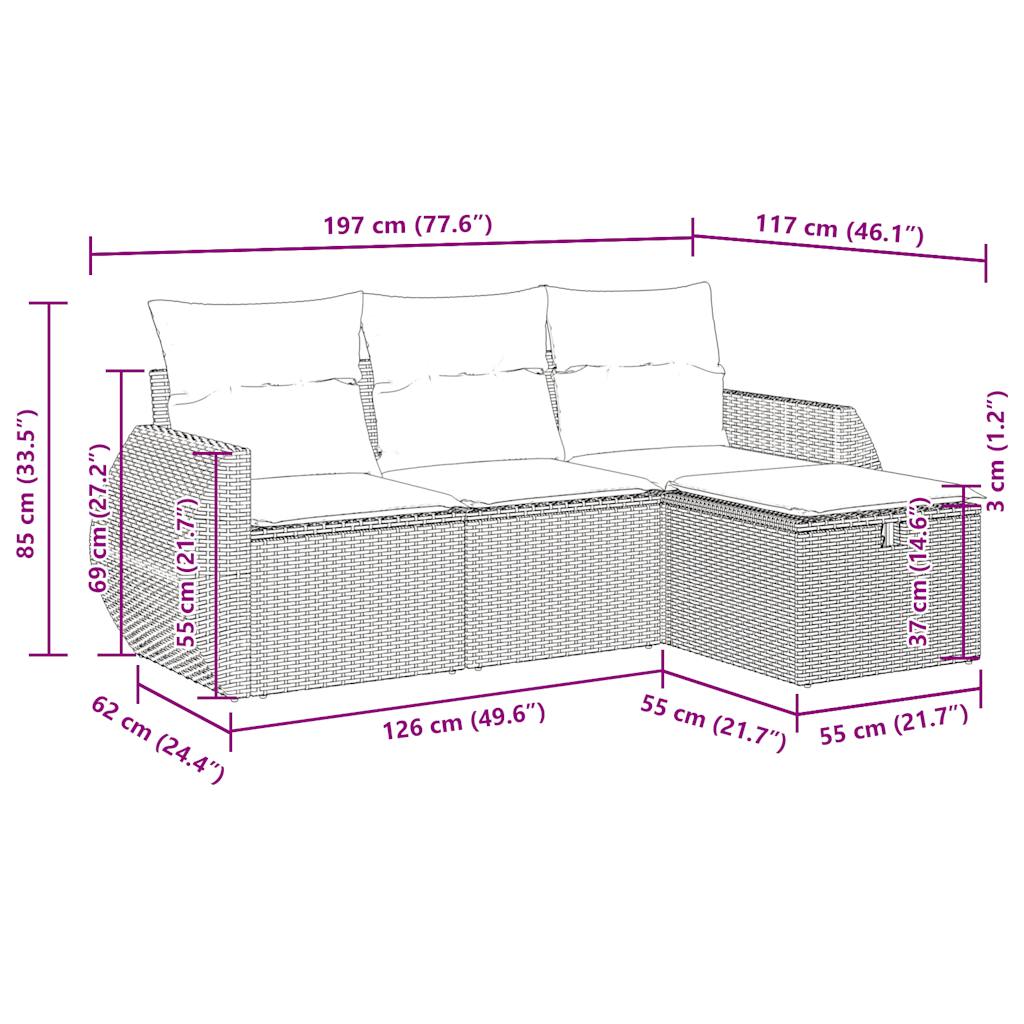 Set De Sofás De Jardín 4 Pzas Y Cojines Ratán Sintético Gris / Vetonek_5