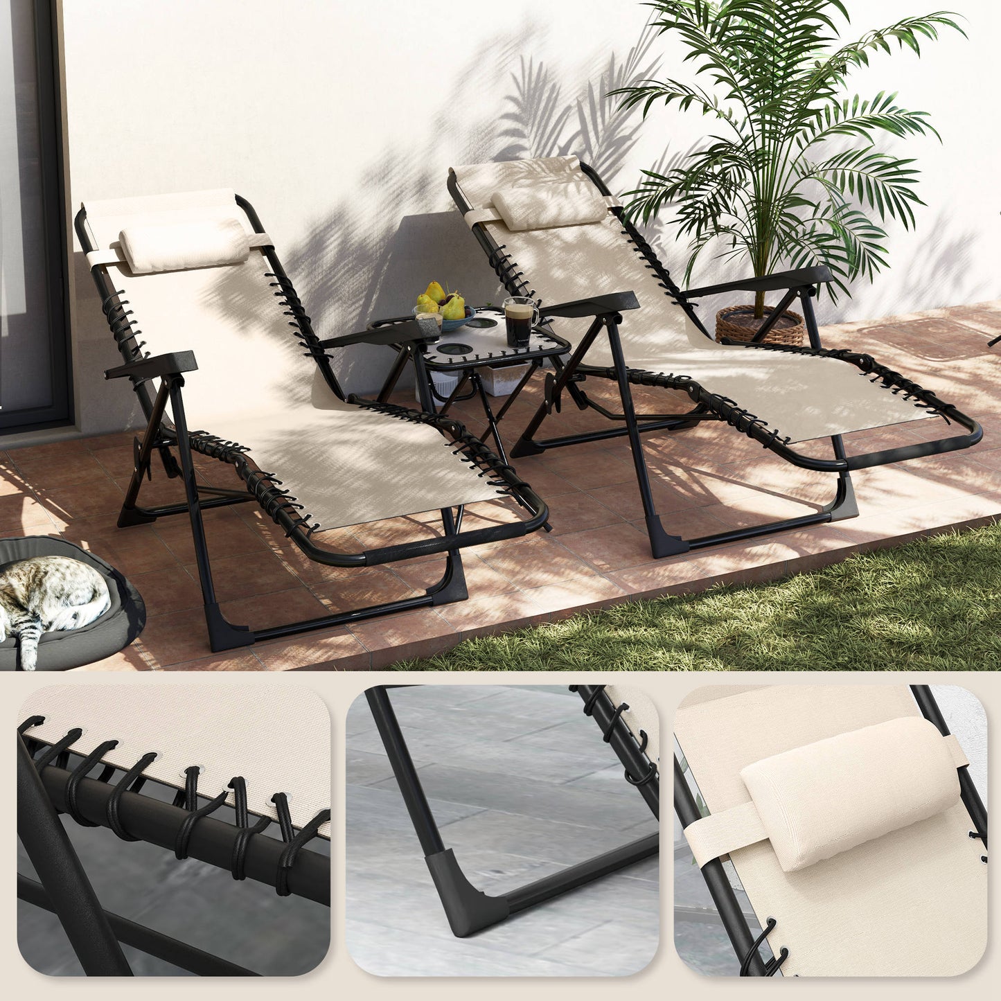 Outsunny Set De 2 Tumbonas Jardín Exterior Con Mesa Auxiliar Reposabrazos Negro_3