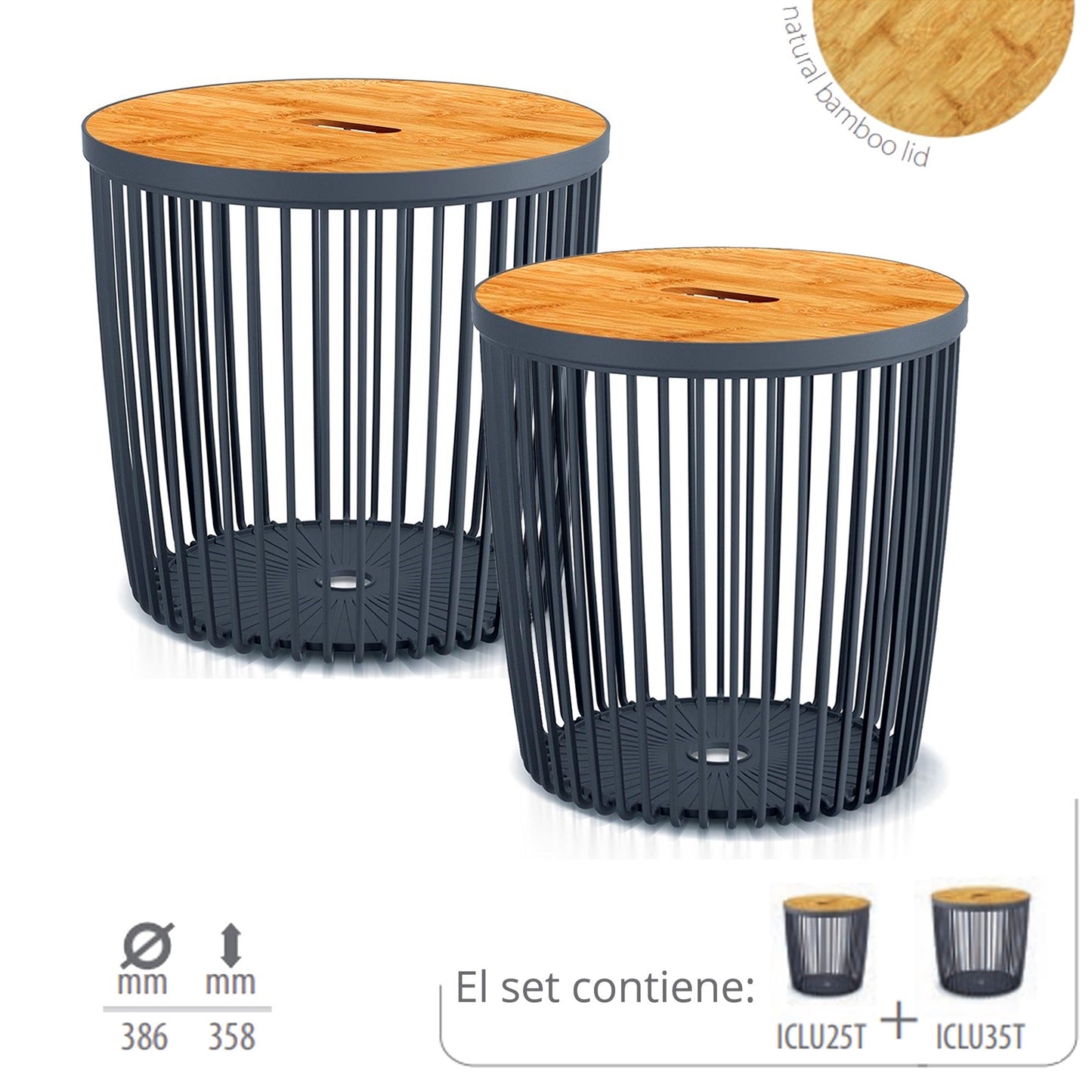 Cesta De Jardín Soporte - Mesa Auxiliar Decorativa Clubo 25+35l , Dimensiones (mm) 386x386x358, Color Antracita_2