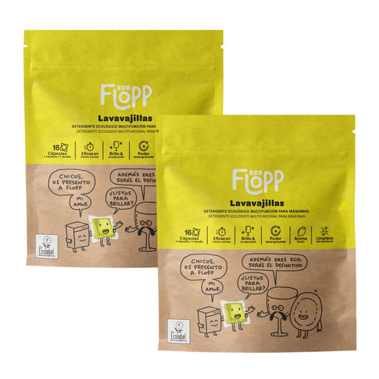Embalagem de 2 detergentes em gel para máquina de lavar louça ECO Flopp, 16 cápsulas