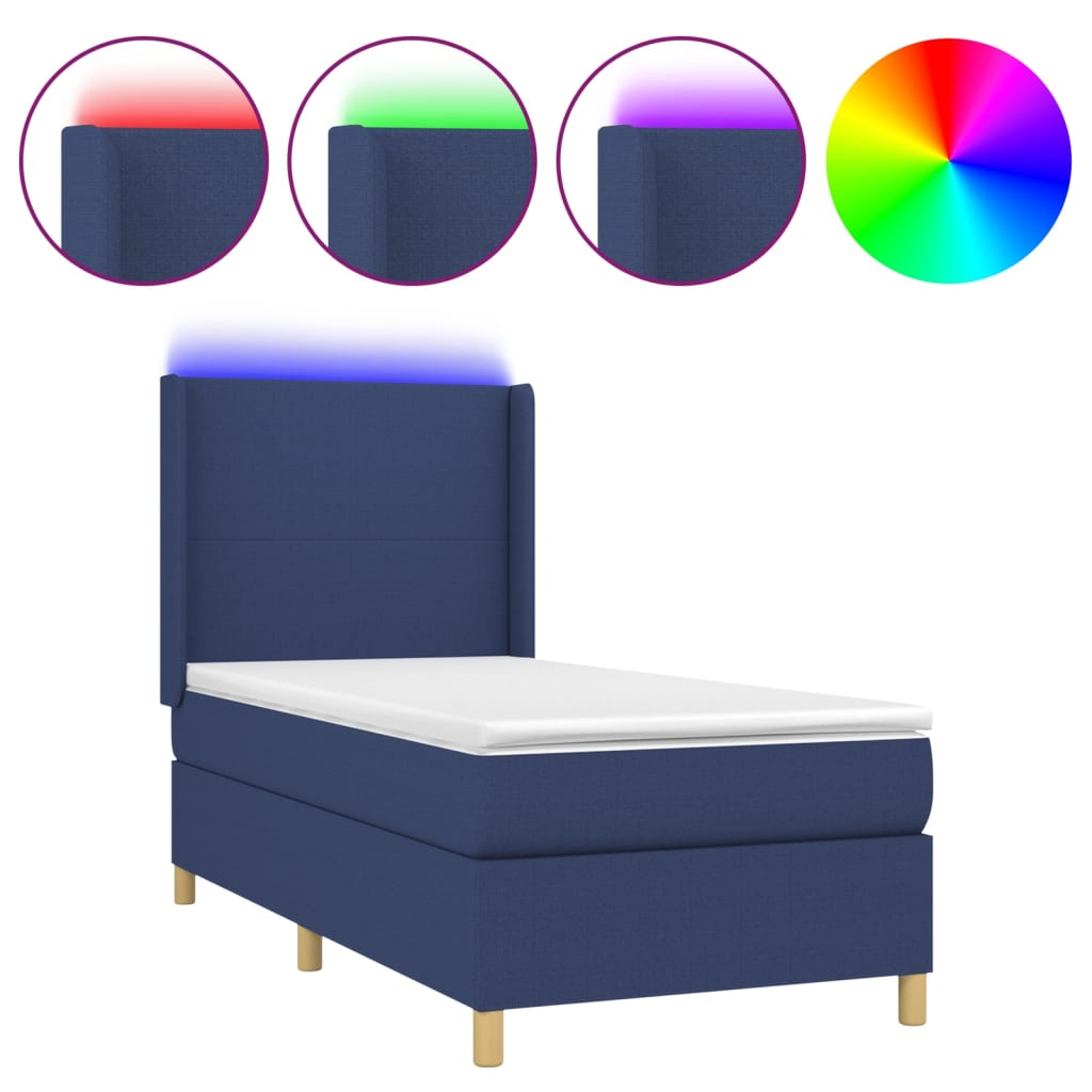 Cama Box Spring Colchón Y Luces Led Tela Azul 90x200 Cm / Vetonek_0