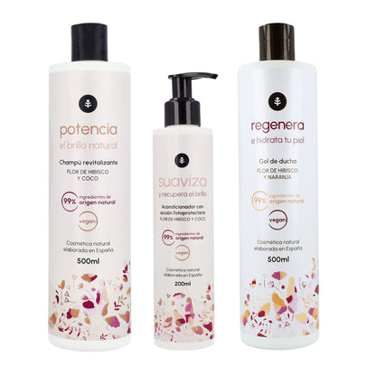 Pacote de flores de hibisco, champô intensificador de brilho 500 ml + gel de banho 500 ml + condicionador restaurador de brilho 200 ml