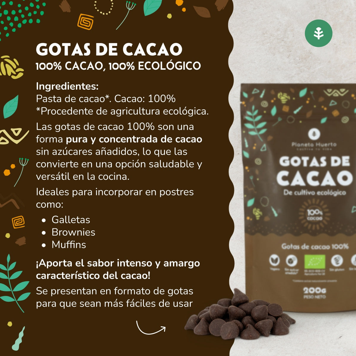 Pepitas de Chocolate 100% Cacau Biológico da Planeta Huerto 200 g