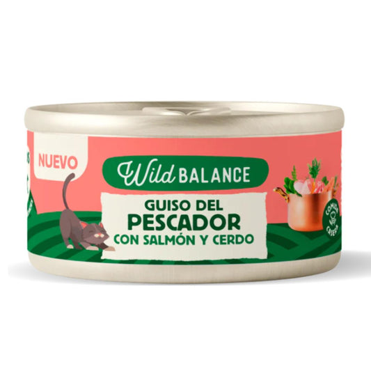 Lata cheia de ensopado de pescador Wild Balance com salmão e porco para gatos 80g