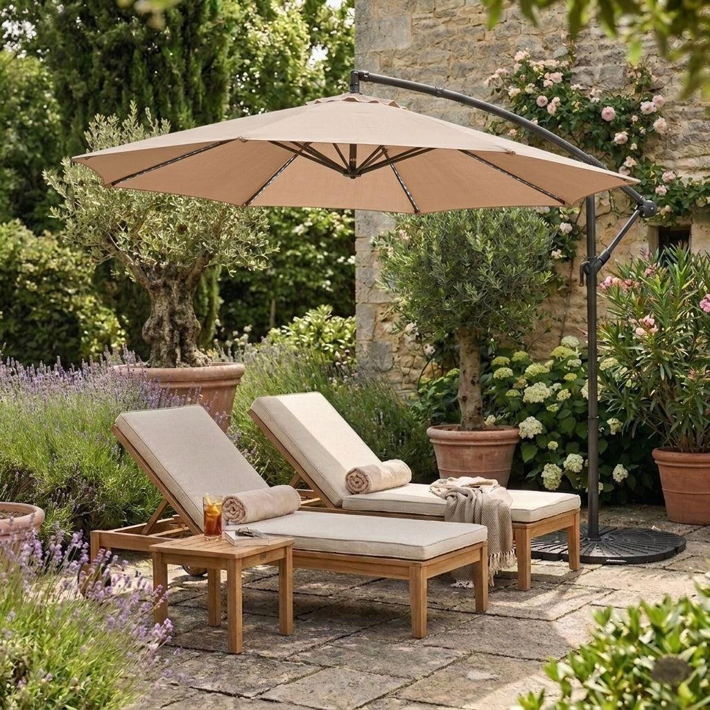 Parasol Excéntrico Led De 3 M Con Base De Abanico Completo – Beige_3