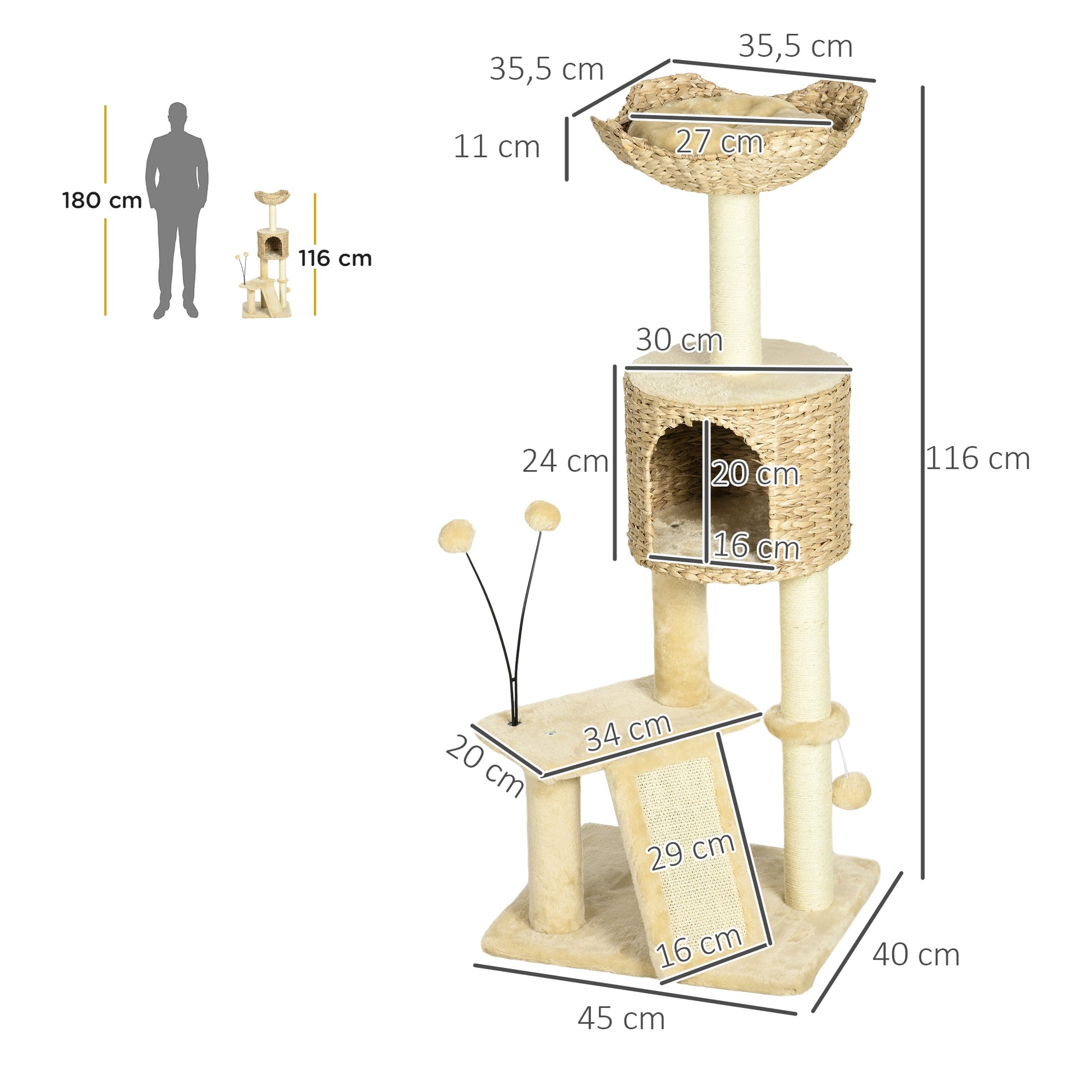 Pawhut Árbol Rascador Para Gatos De 116 Cm Con Postes Rampa 45x40x116 Cm Beige_2
