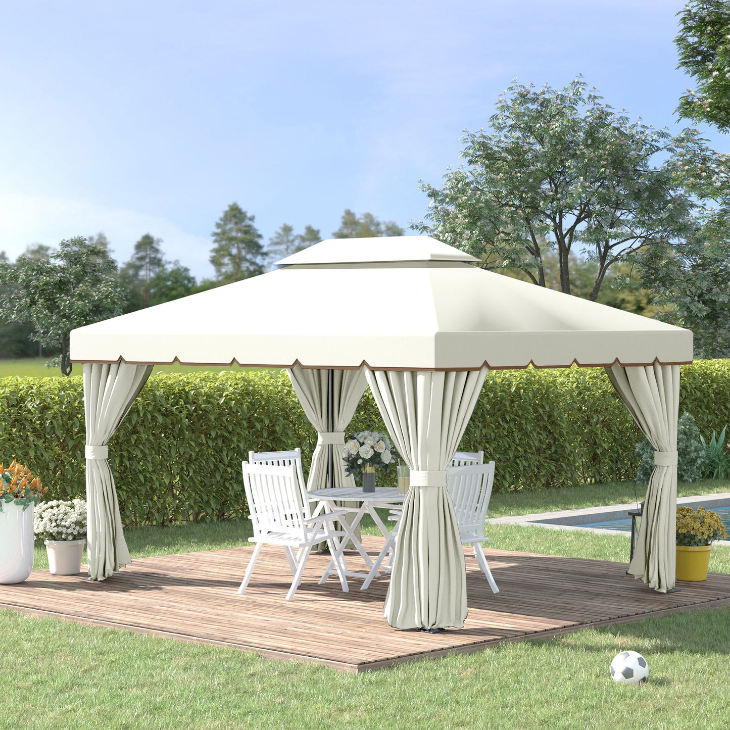 Outsunny Cenador De Jardín 4x3 M Pabellón De Jardín Con Doble Techo Crema_1