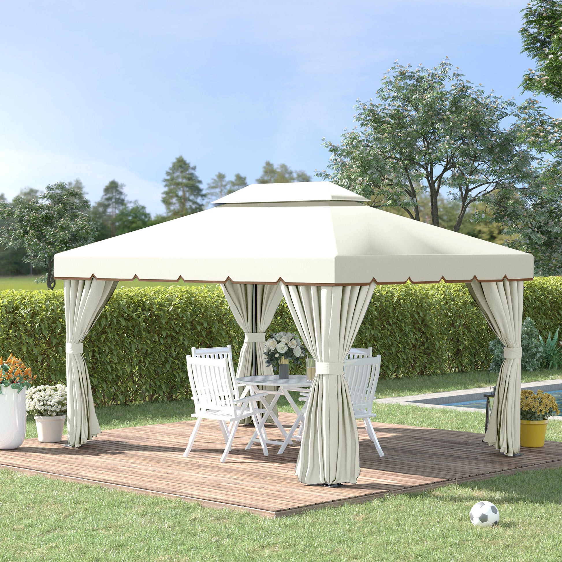 Outsunny Cenador De Jardín 4x3 M Con Doble Techo 4 Cortinas 4 Mosquiteras Blanco_1