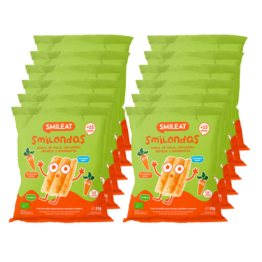 Embalagem de 12 Snacks Smilondas de milho, grão-de-bico, lentilhas e cenoura, Smileat, 25 g