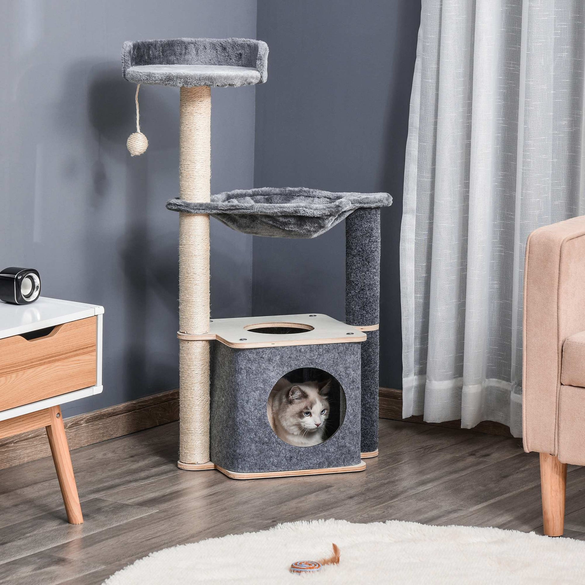 Pawhut Árbol Rascador De Gato Con Hamaca Plataformas Cueva Poste Para Rascar_1