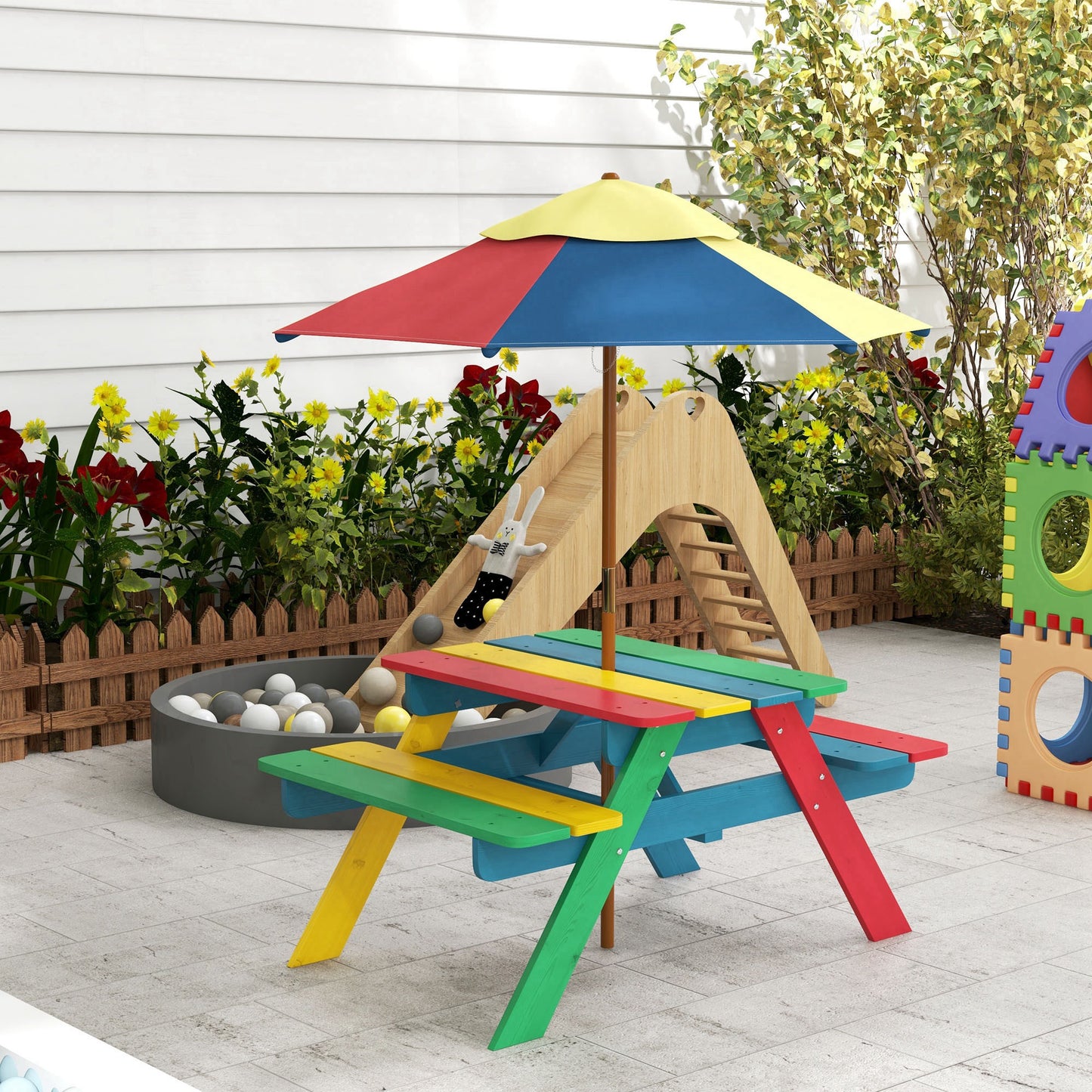 Outsunny Mesa De Picnic Para Niños Con Sombrilla 85,5x75x142,5 Cm Multicolor_1