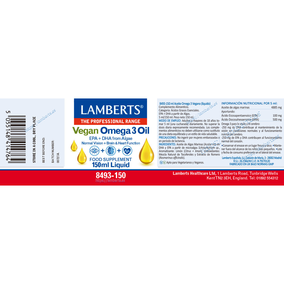 Líquido Vegan Ómega 3, Lamberts, 150 ml