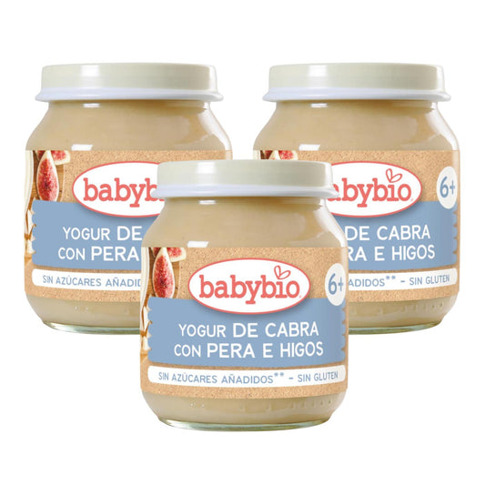 Embalagem de 3 iogurtes de leite de cabra com pera e figo Babybio 130 g