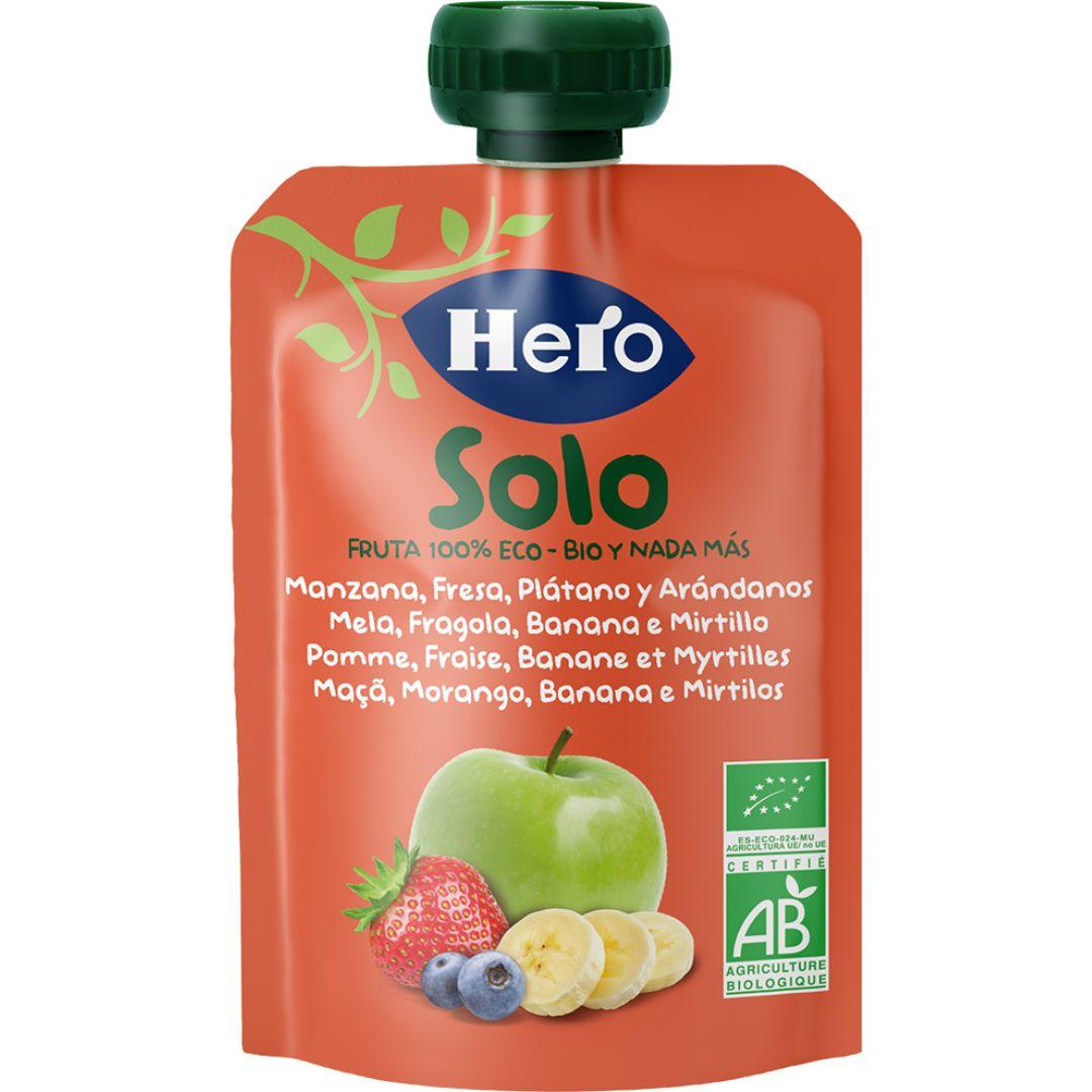 Saco de fruta 100% biológica com sabor a maçã, morango, banana e mirtilo, 100g. Herói Solo