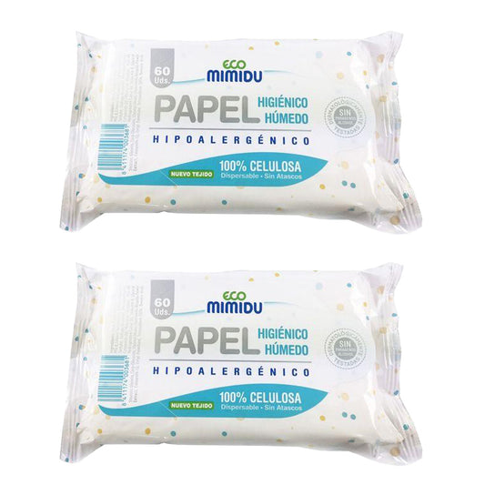 Embalagem com 2 unidades de papel higiénico húmido Mimidu ECO, 60 unidades