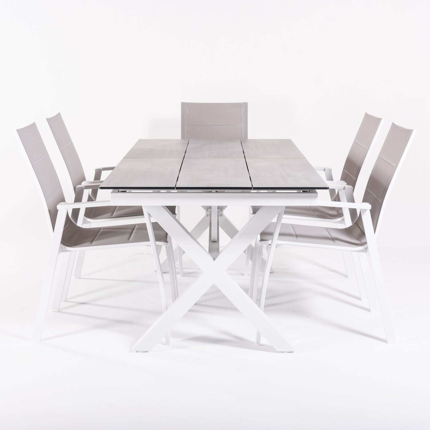 Conjunto De Mesas Y Sillas Acolchadas De Terraza, Mesa Extensible 180 A 240 Cm, Aluminio Y Hpl, Color Blanco_3