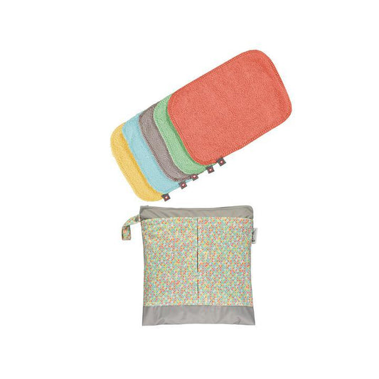 Pack de 10 toalhetes de bambu reutilizáveis ​​com bolsa impermeável em cores pastel