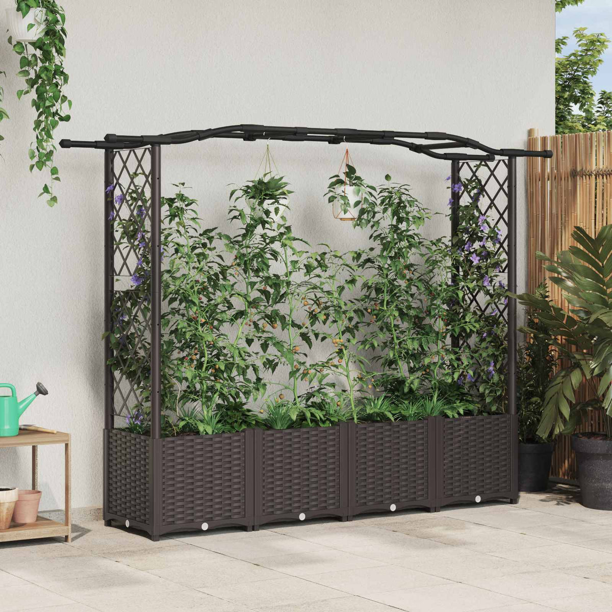 Cama Elevada Con Trellis Y Techo Marrón 204 X 40 X 138 Cm Pp_1