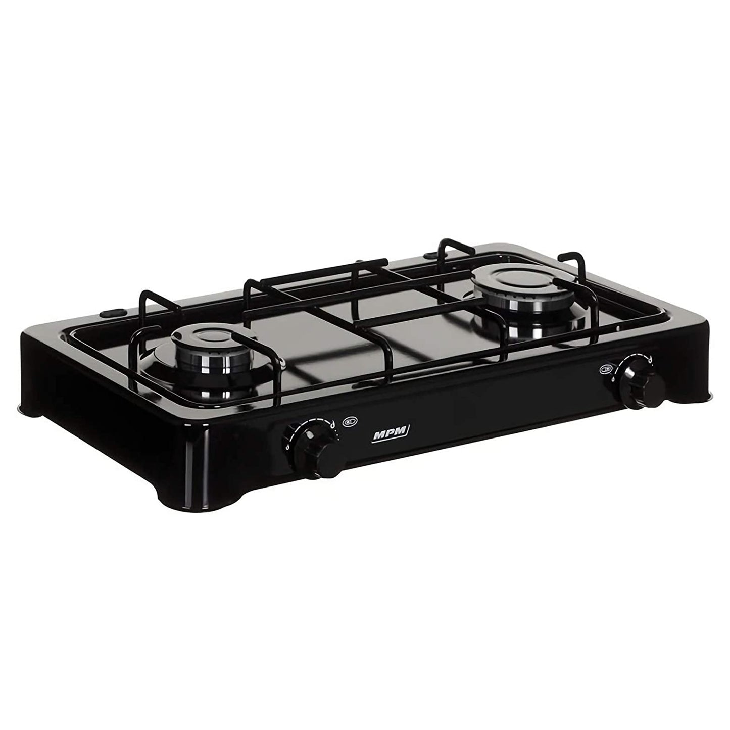 Cocina Gas Portátil Camping, 2 Quemadores, Rejilla Esmaltada, Tapa Protectora, Normativa G30-37 Mbar Mpm Kn-02/1kb Negro_2