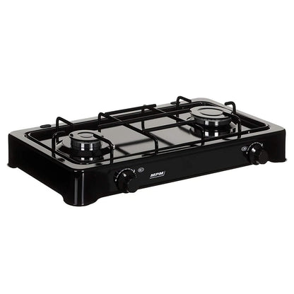 Cocina Gas Portátil Camping, 2 Quemadores, Rejilla Esmaltada, Tapa Protectora, Normativa G30-37 Mbar Mpm Kn-02/1kb Negro_2