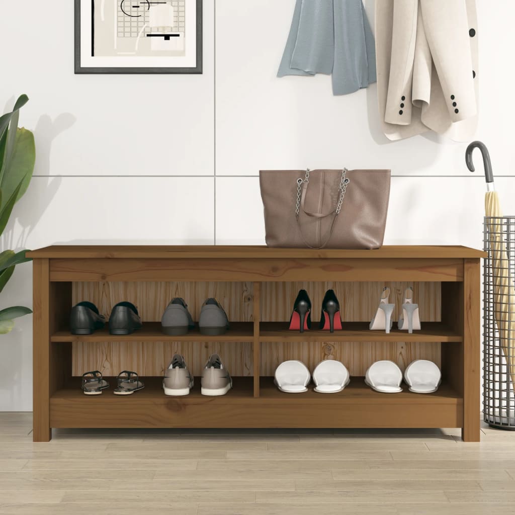 Banco Zapatero Madera Maciza De Pino Marrón Miel 110x38x45,5 Cm / Vetonek_2