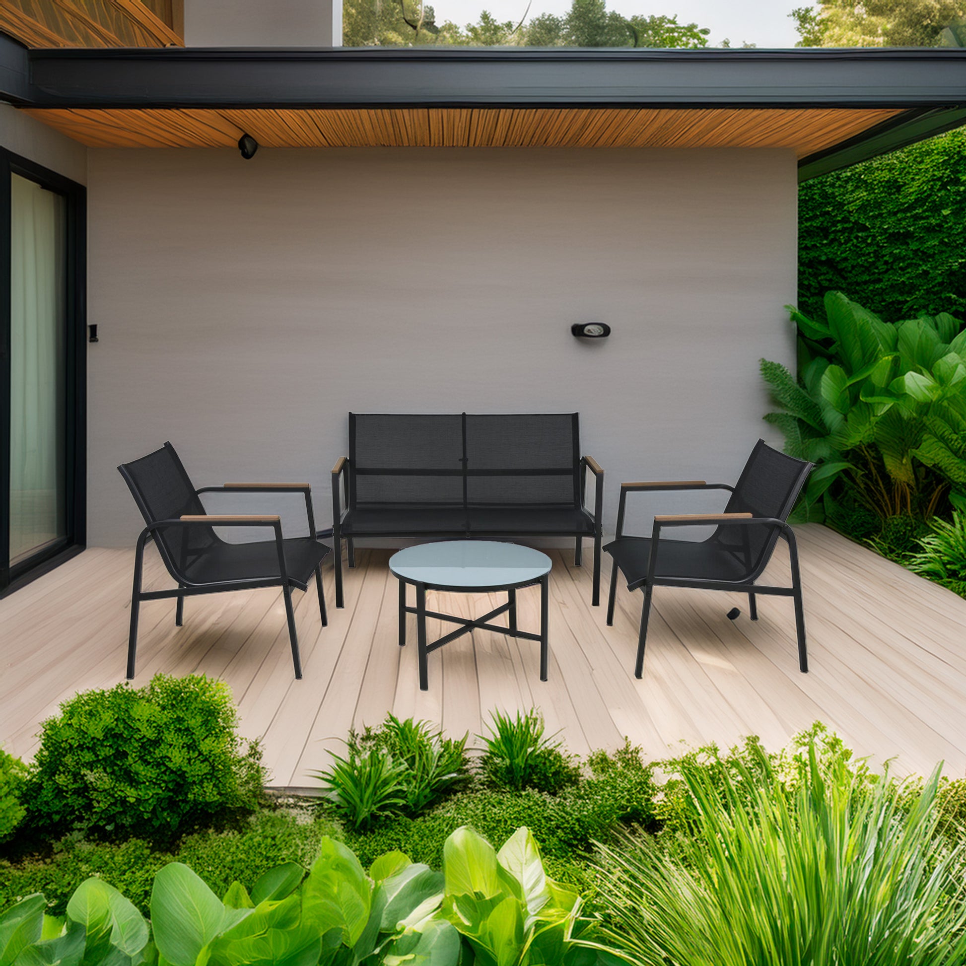 Well Home Conjunto De Muebles De Jardín De 4 Piezas De Diseño En Acero Galvanizado Y Vidrio Acabado De Mármol_2