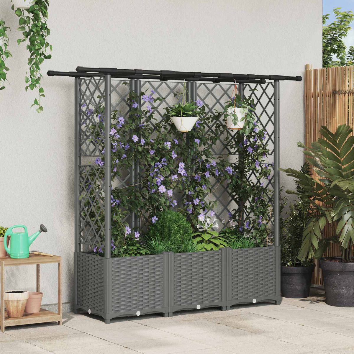 Cama Elevada Con Trellis Y Techo Gris Claro 163,5 X 40 X 136 Cm_1