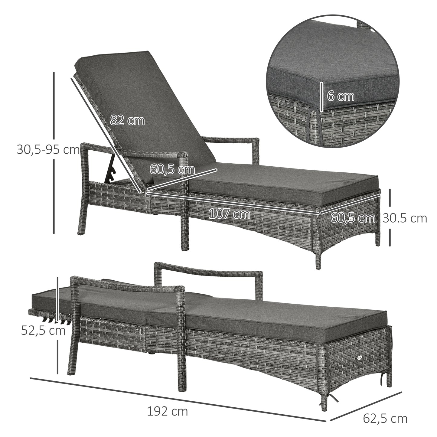Outsunny Tumbona De Ratán Jardín Con Respaldo Ajustable Cojines Exterior Gris_2