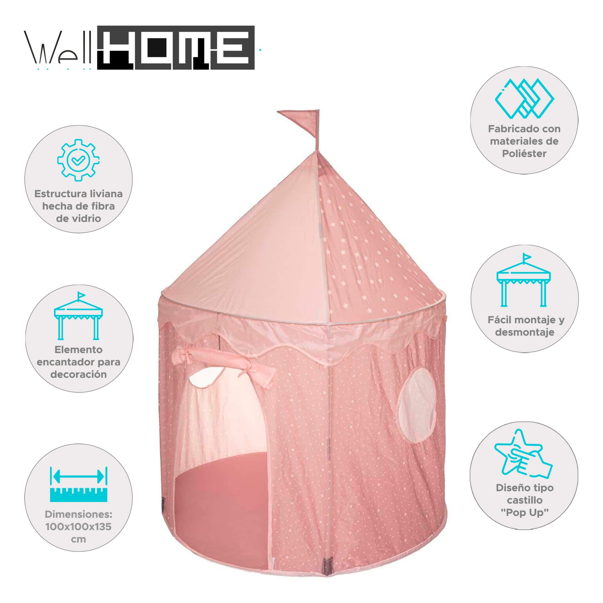 Wellhome Tienda De Campaña Infantil Pop Up Rosa 100x100x135cm_1