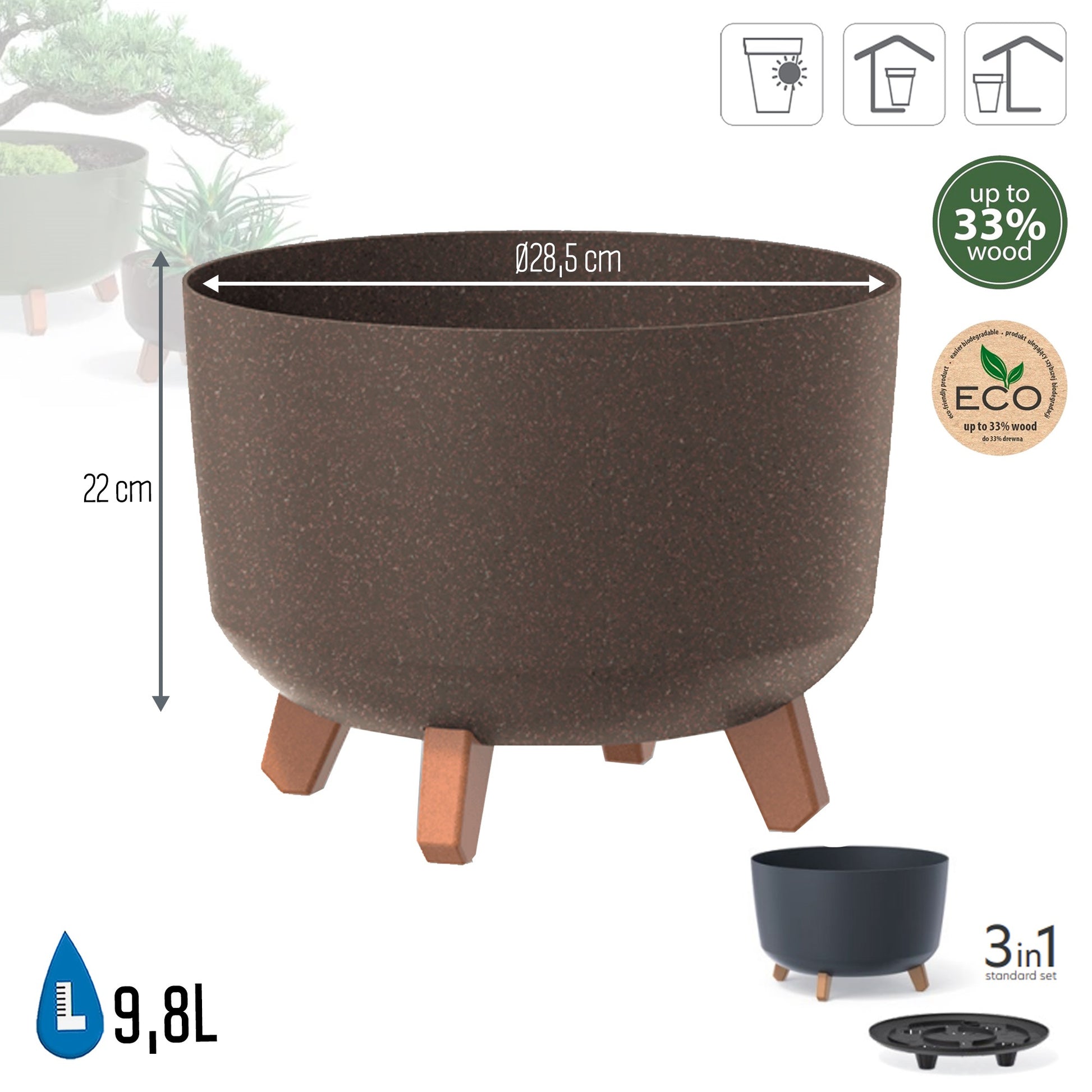 Macetero Color Café,sin Depósito , Colección Gracia De 28,5 X 28,5 X 22 Cm, Capacidad De 9,8 L.