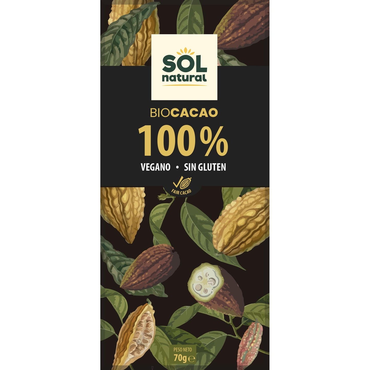 Chocolate vegan 100% cacau biológico Sol Natural 70 g