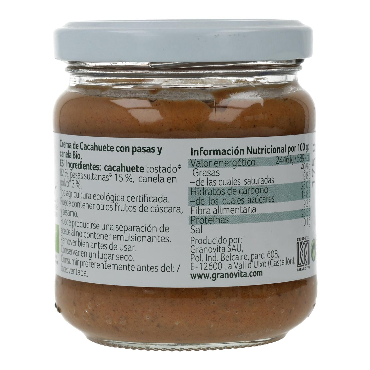 Granovita Manteiga de Amendoim Biológica com Passas e Canela 175 g