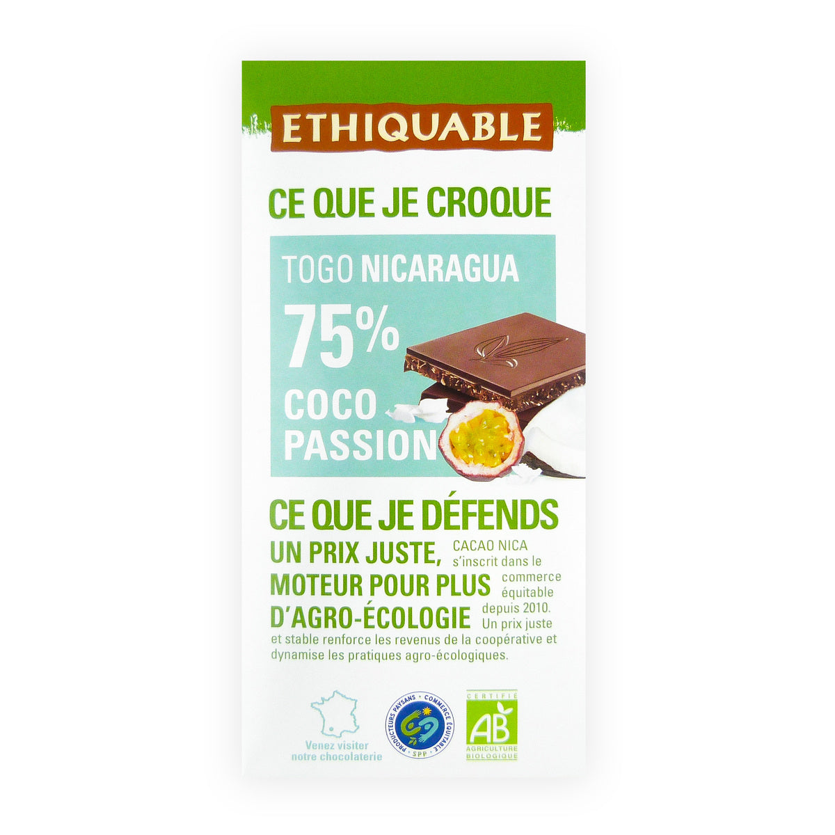 Chocolate negro 75% Nicaragua Coco Maracuyá BIO 100 g